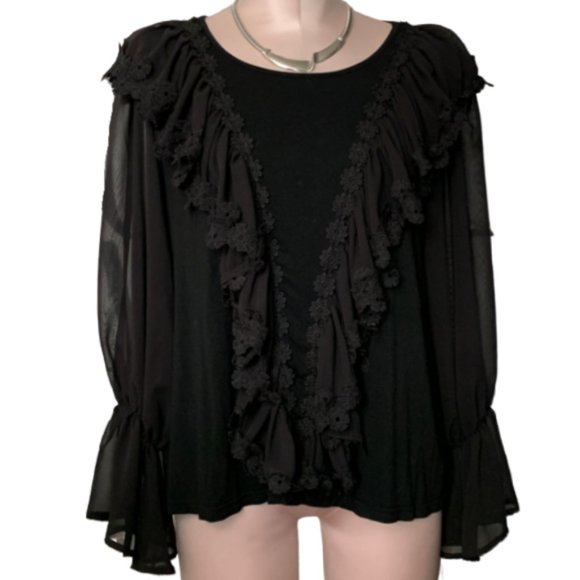 Black Victorian Boho Lacey Ruffles Flowy Knit Top - Picture 1 of 5